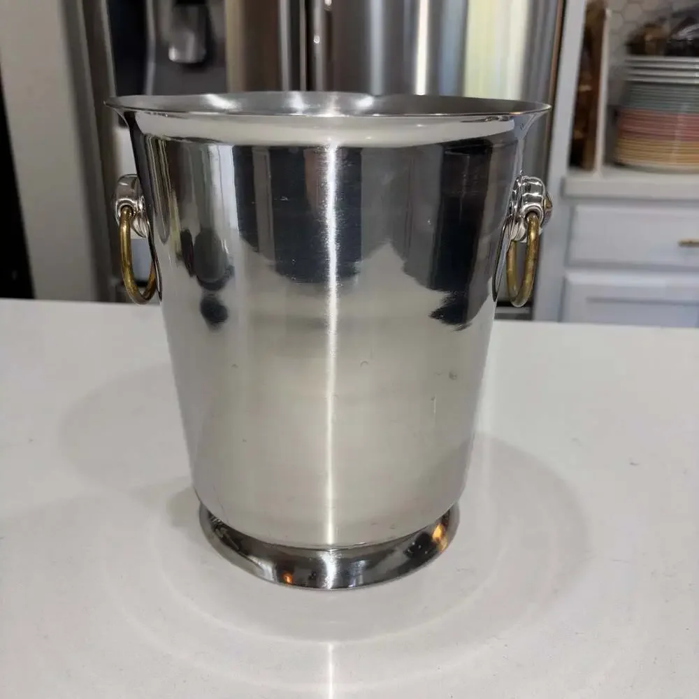 Vintage Style Stainless Steel Wine Champagne Ice Bucket with Brass Ring Handles